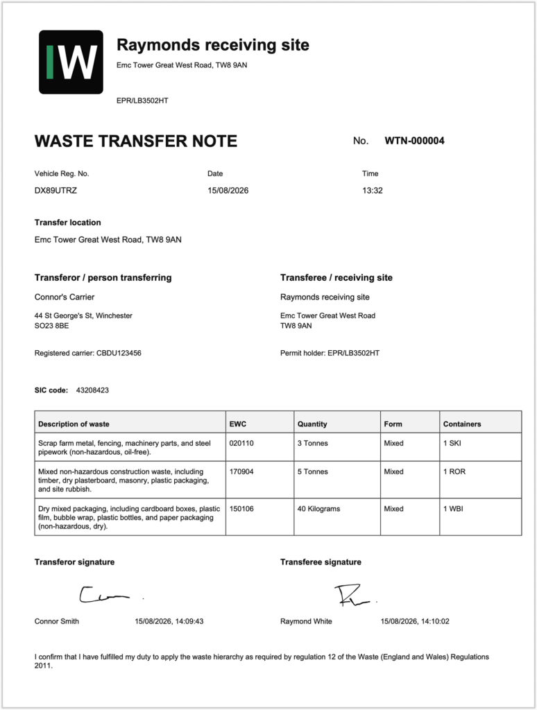 An example waste transfer note from intelliwaste.