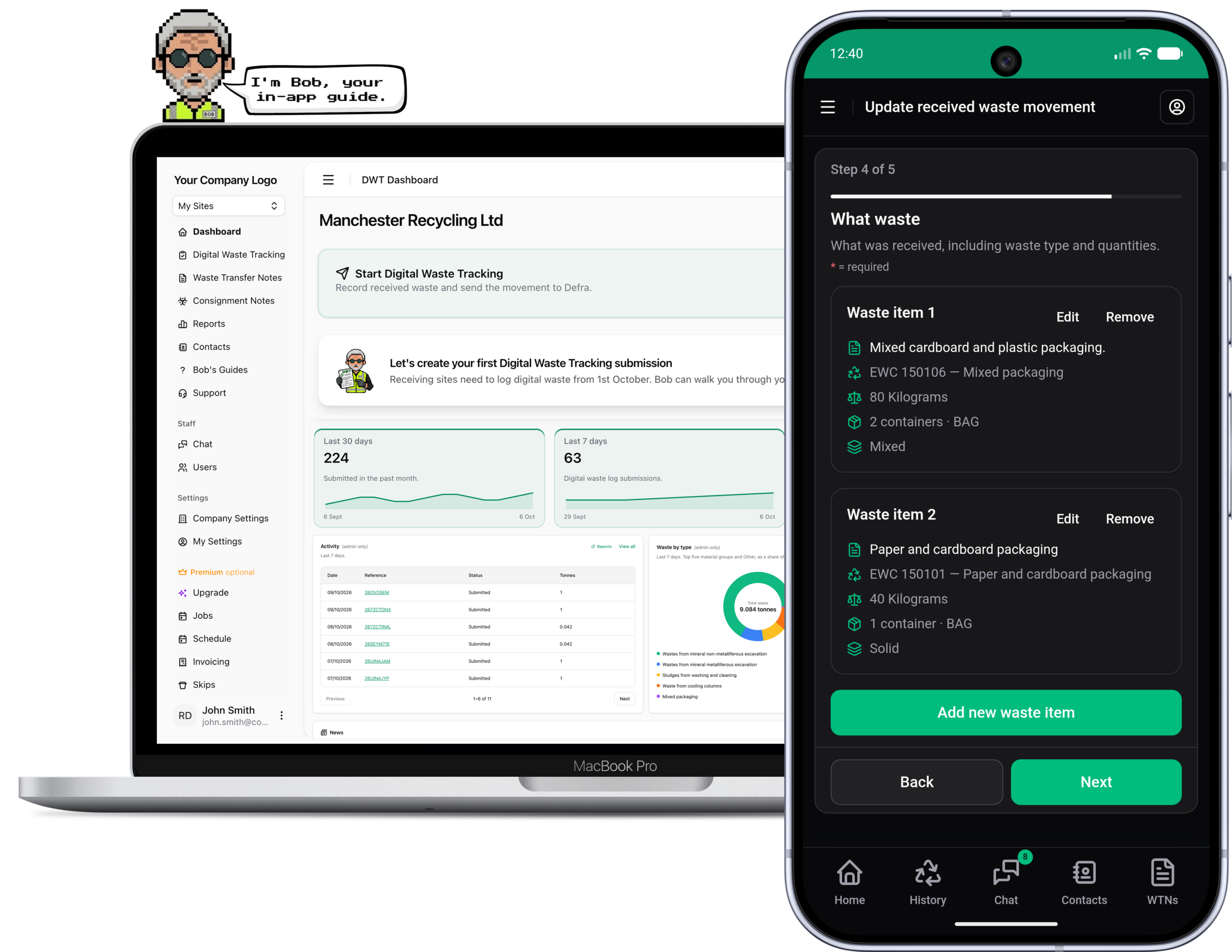 IntelliWaste digital waste tracking dashboard shown on desktop and mobile