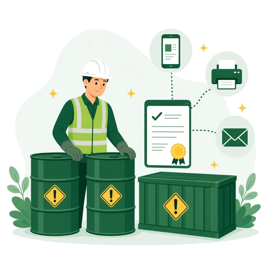 Worker beside hazardous waste drums with a digital consignment note that can be shared, printed or emailed