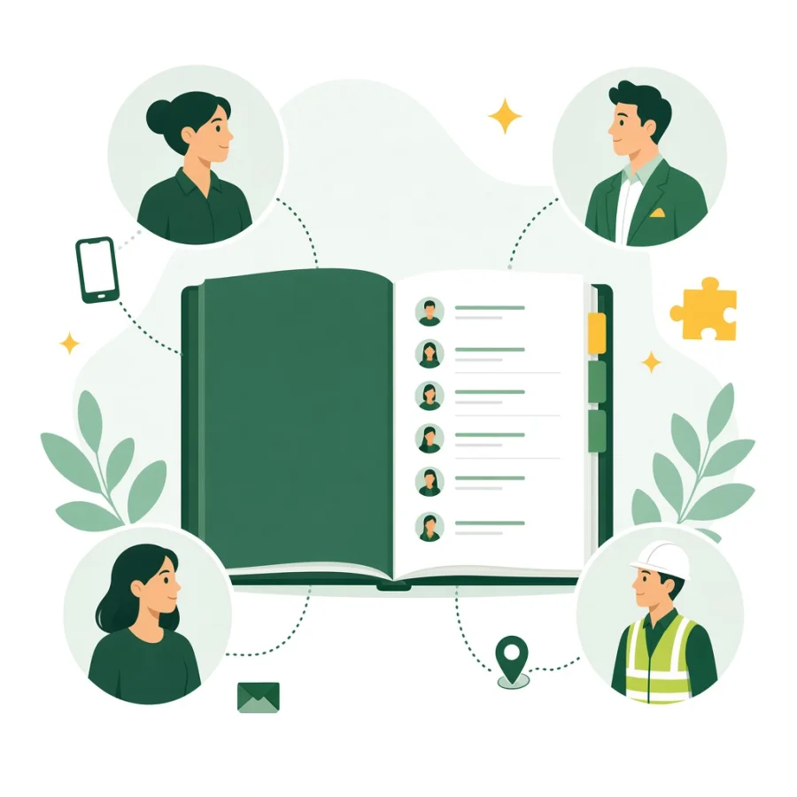 Digital address book surrounded by contact profiles with phone, email and location icons