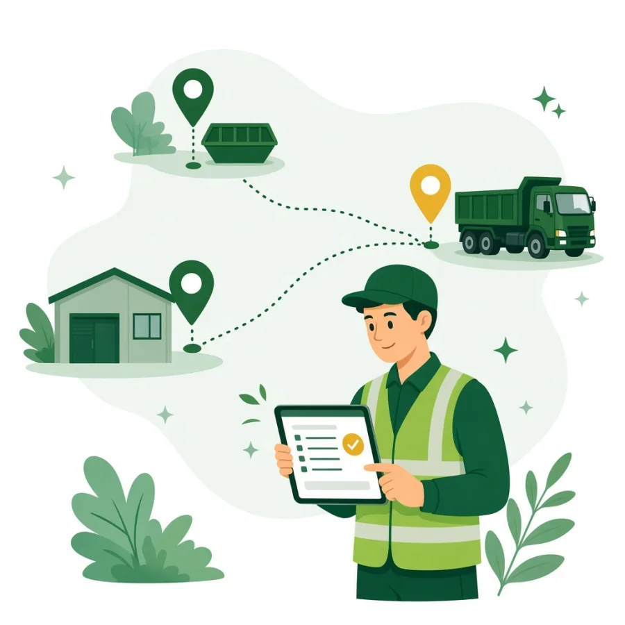 Worker with a tablet switching between several waste sites marked on a map