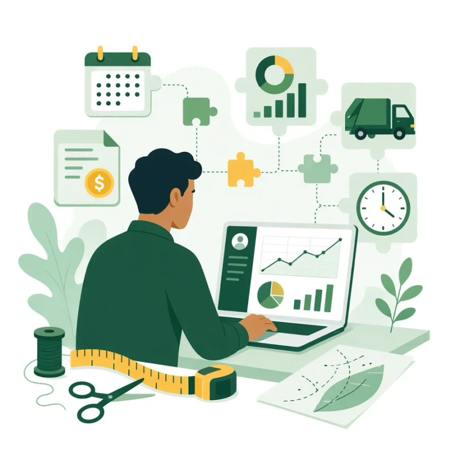 Person reviewing waste reports with charts and graphs on a laptop