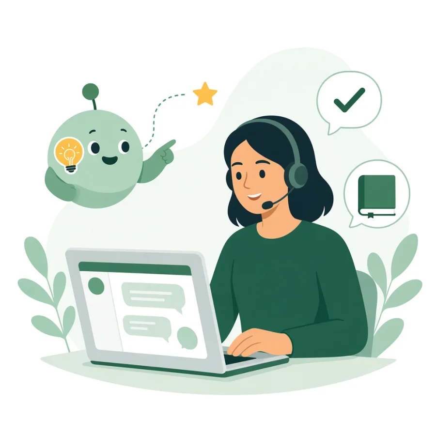 Friendly support agent with a headset and a helpful in-app guide character pointing the way