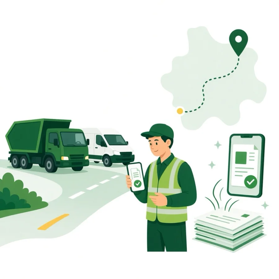 Driver beside a waste lorry and van holding a phone showing a completed waste transfer note, with a stack of filed notes