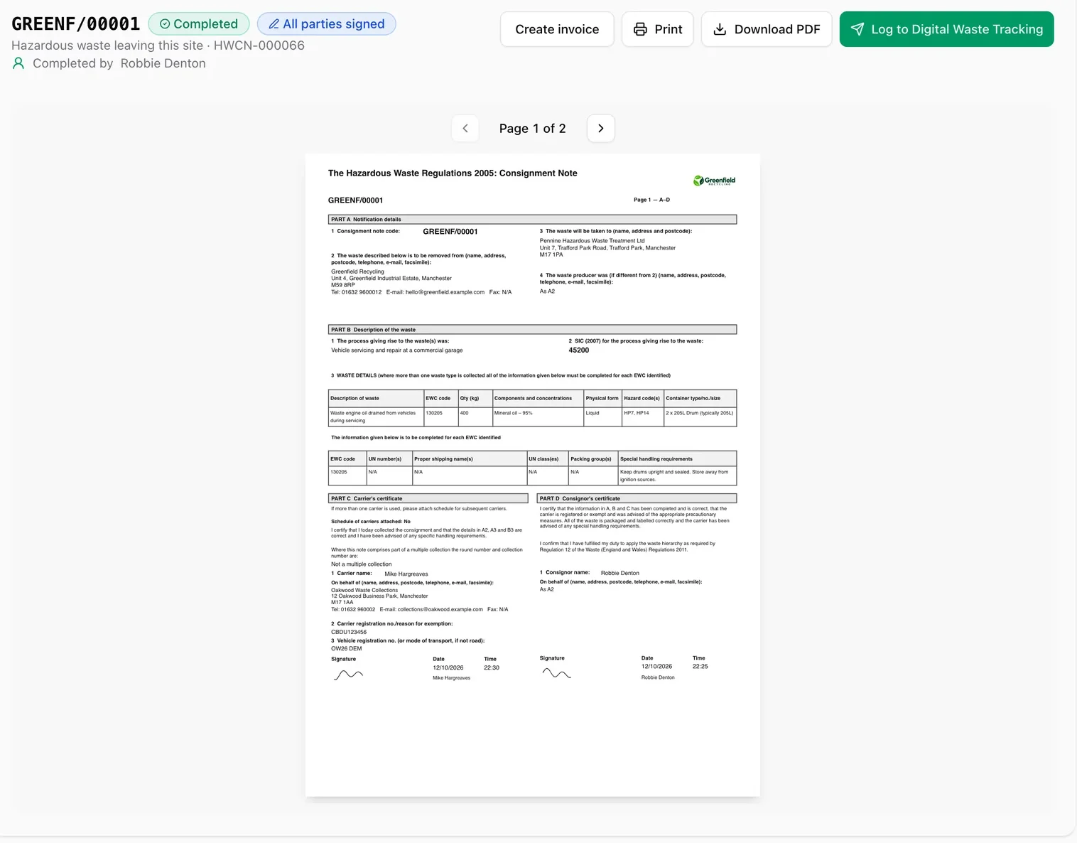 A completed hazardous waste consignment note in IntelliWaste with Print, Download PDF and Log to Digital Waste Tracking buttons
