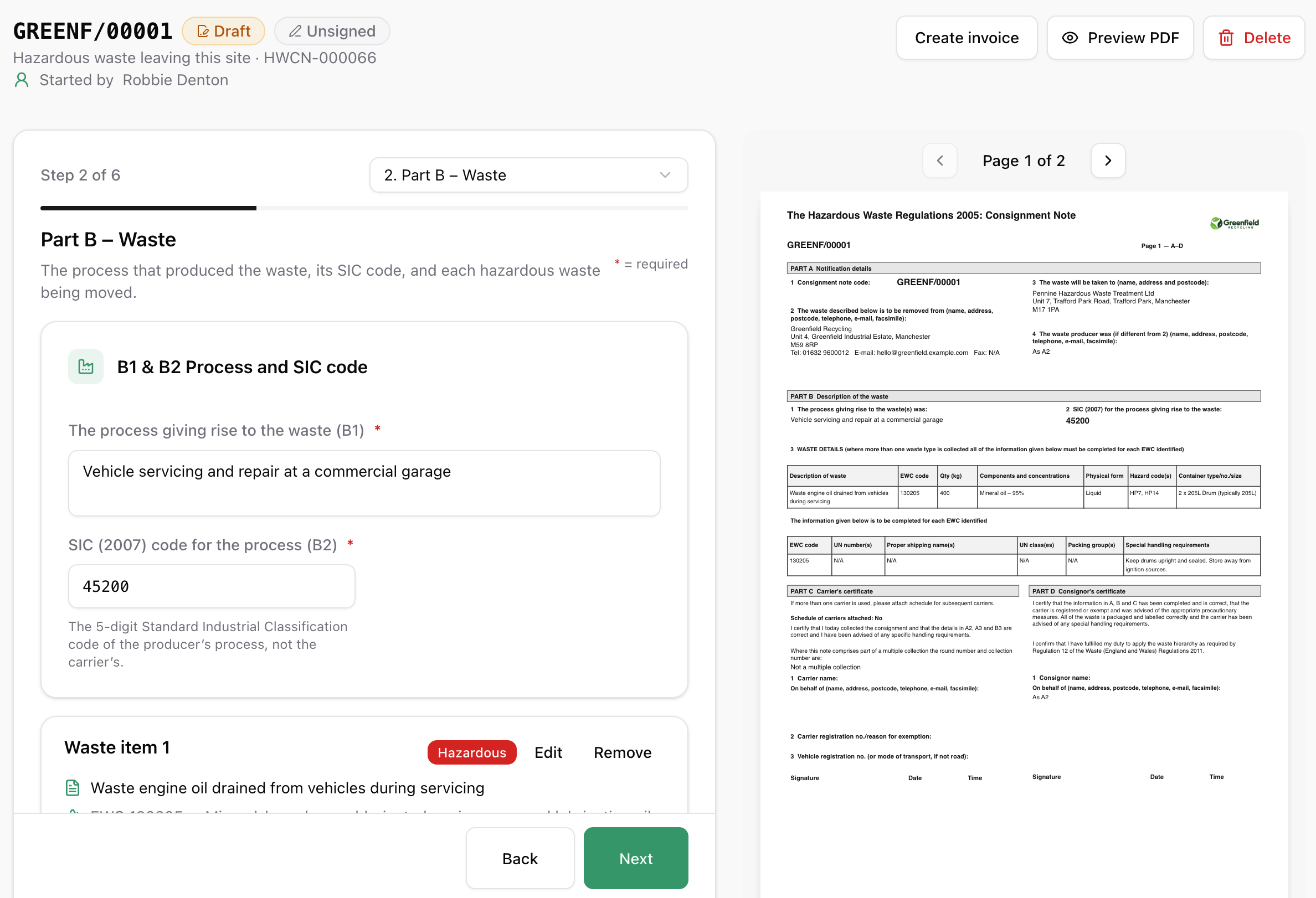Step-by-step hazardous waste consignment note form in IntelliWaste beside a live preview of the consignment note
