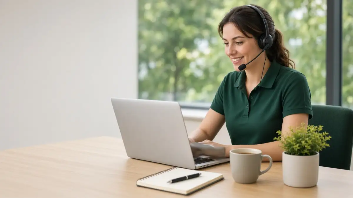 IntelliWaste customer support representative smiling while helping a customer on a laptop