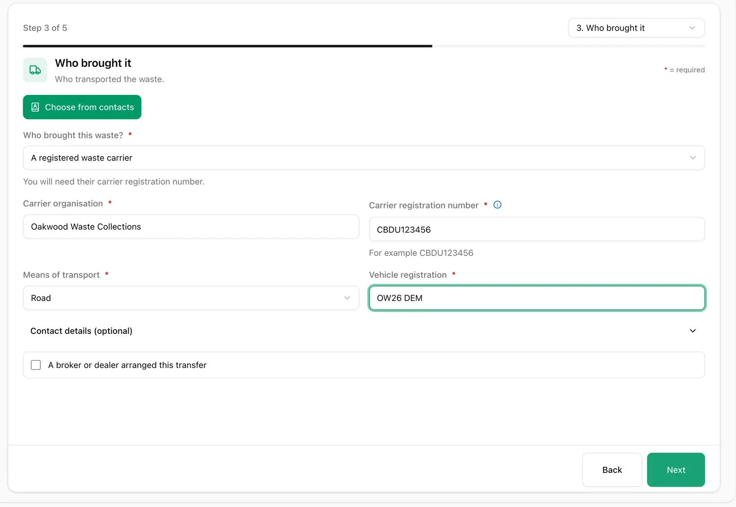 The Who brought it step of the digital waste tracking form with a Choose from contacts button