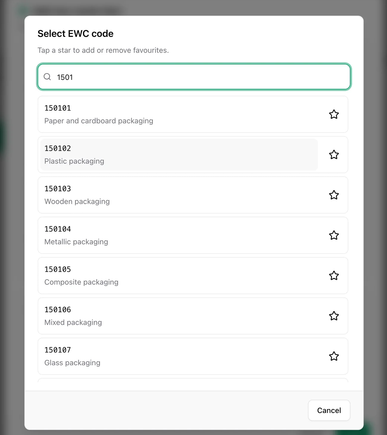 Searchable EWC waste code picker in IntelliWaste with favourites