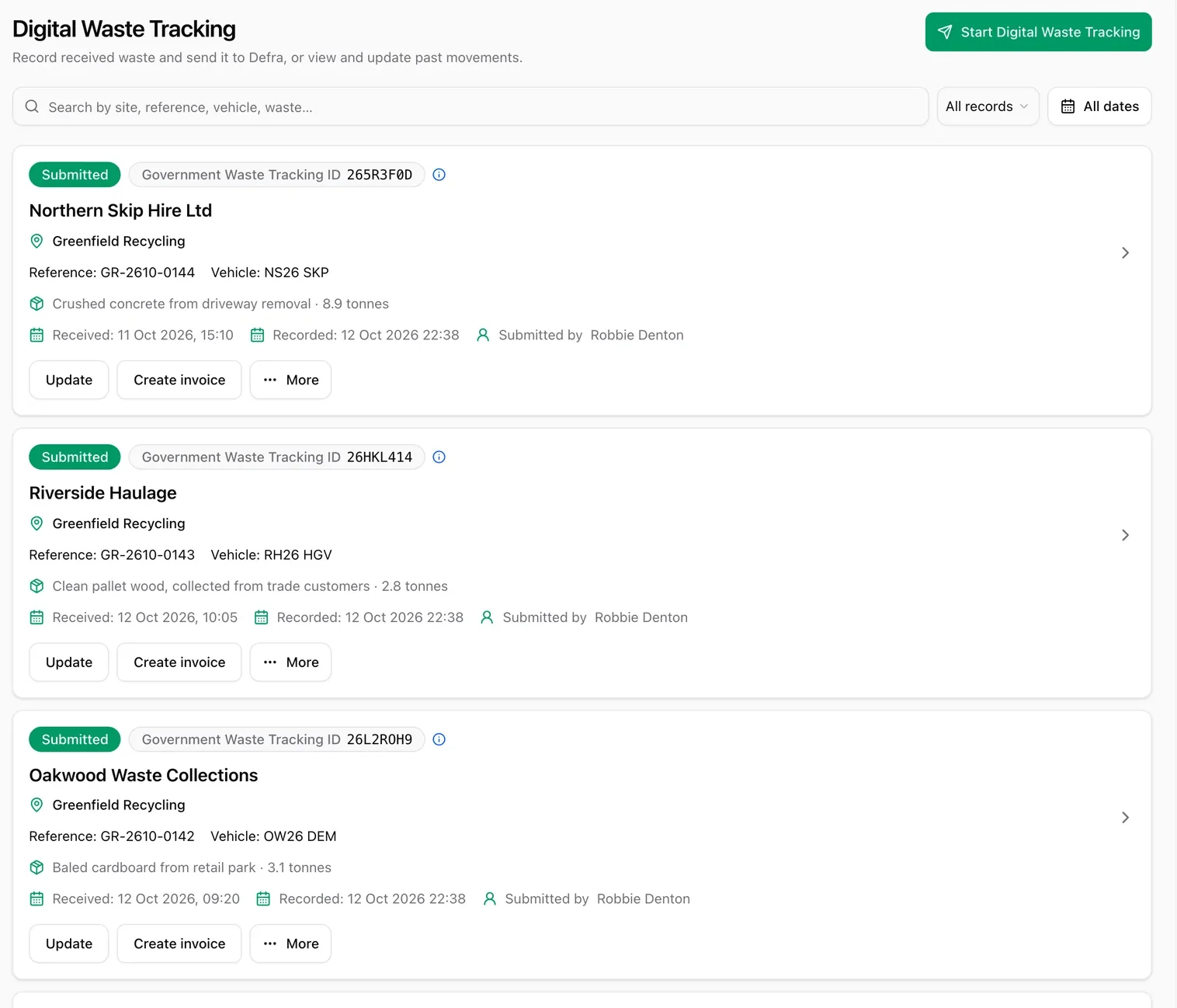 IntelliWaste Digital Waste Tracking list showing submitted records, each with its Government Waste Tracking ID and Update and Create invoice buttons