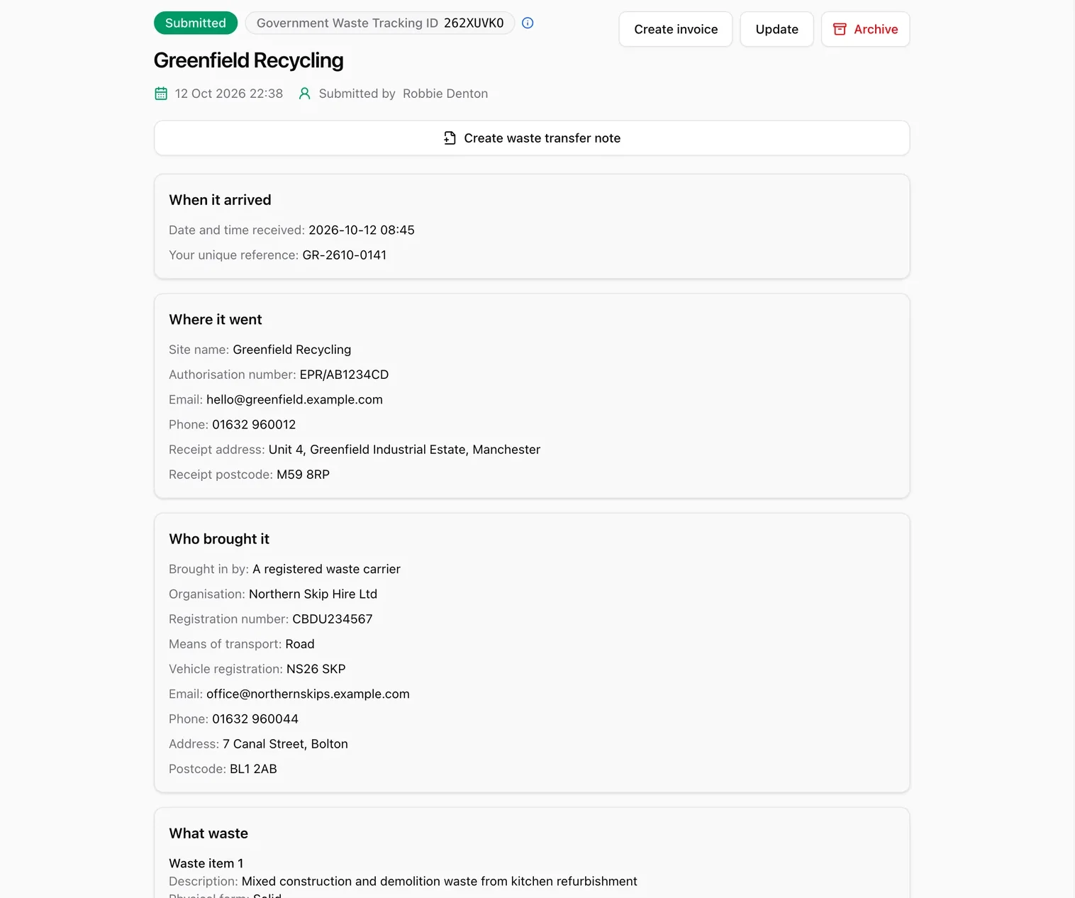 A submitted digital waste tracking record in IntelliWaste showing where it went, who brought it and the waste details