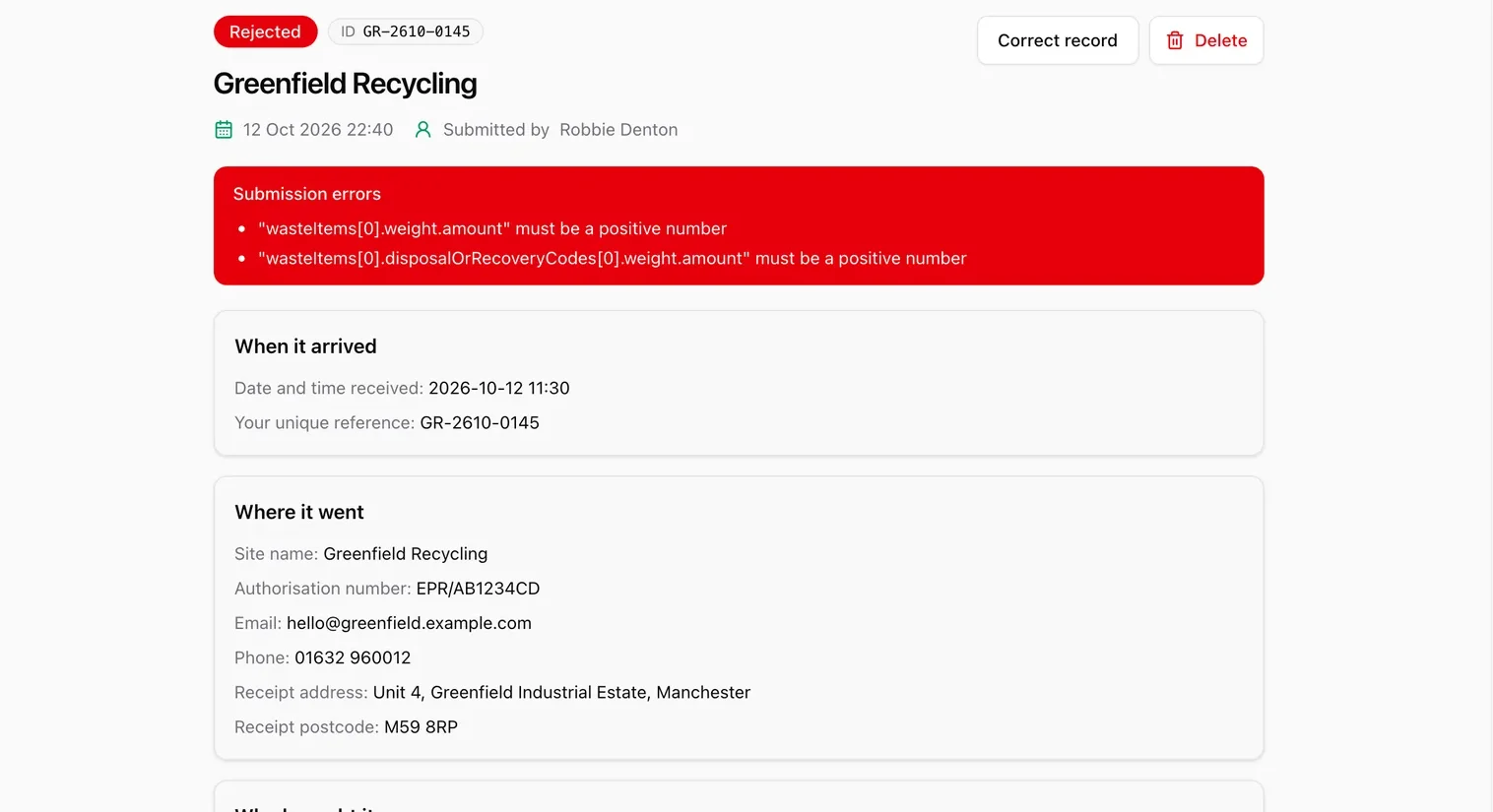A digital waste tracking record rejected by Defra with the submission errors listed and a Correct record button