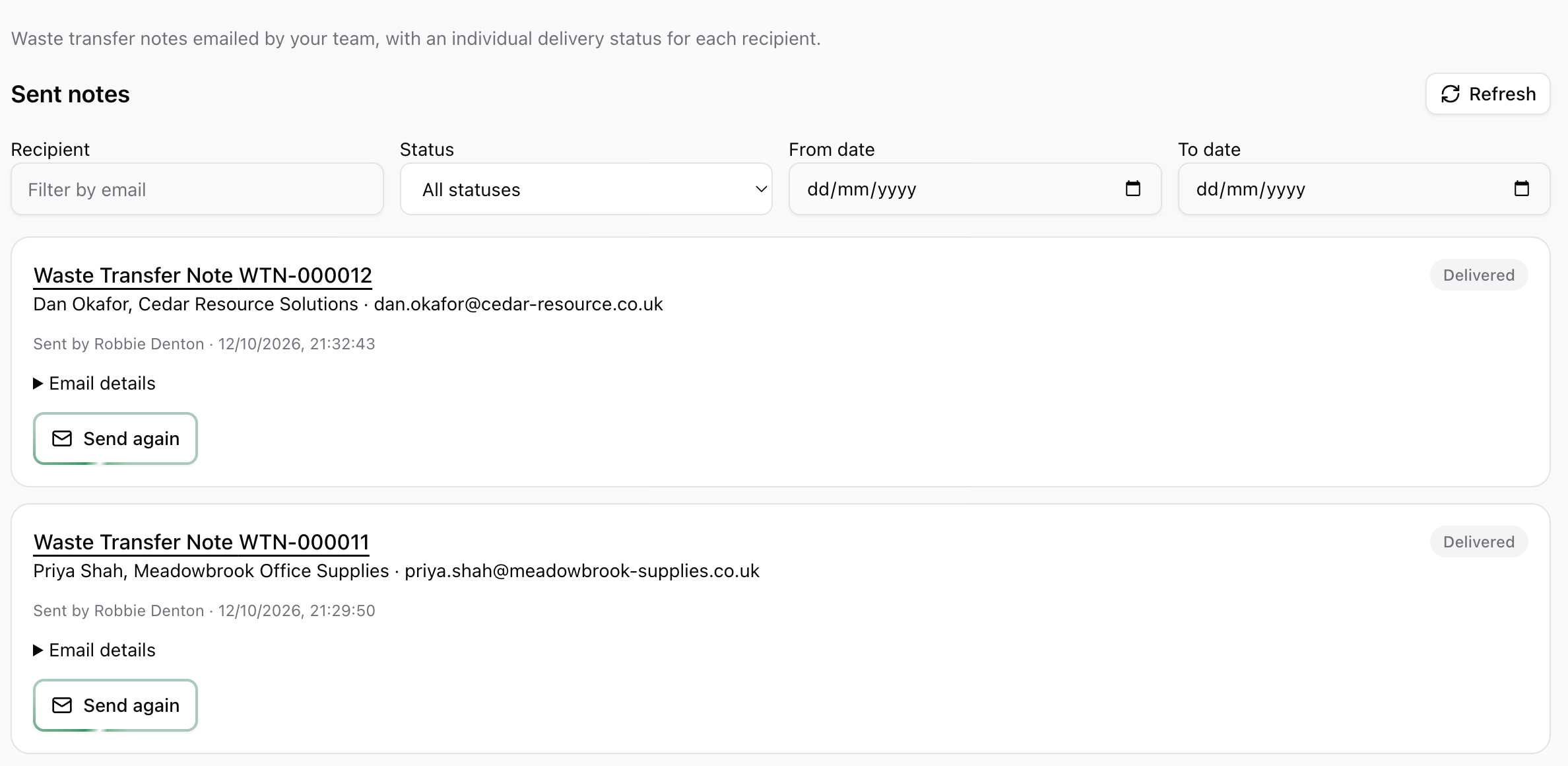 IntelliWaste Sent notes page listing emailed waste transfer notes, each with a Delivered status and a Send again button