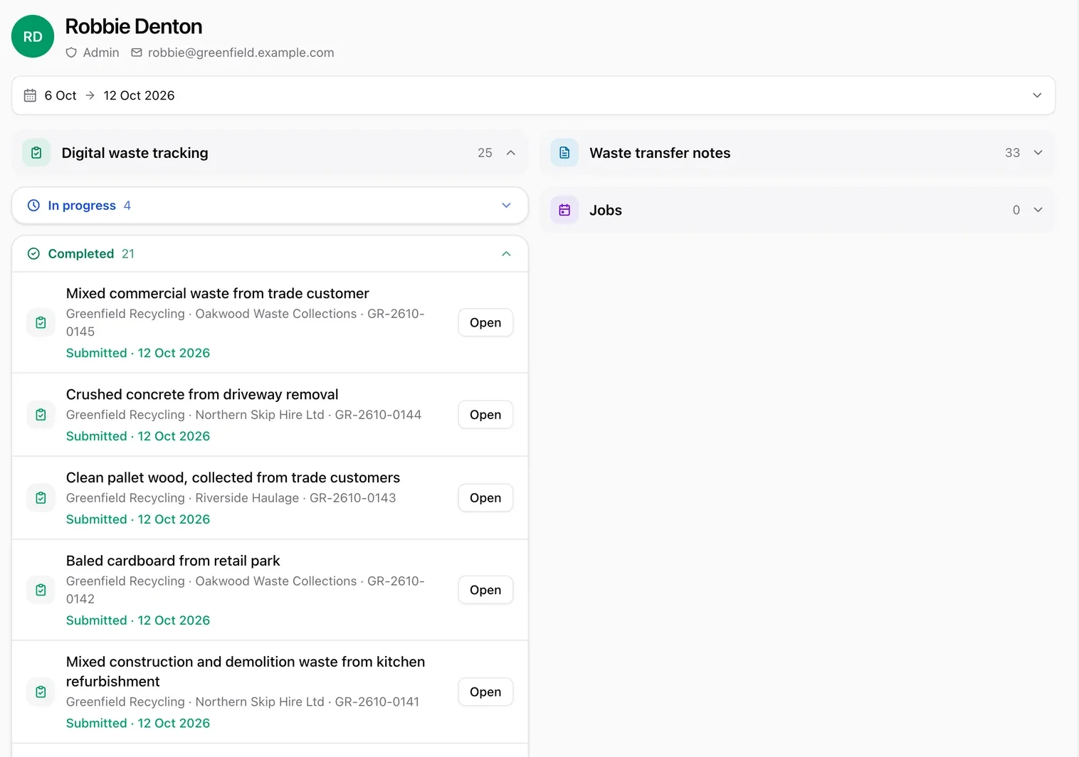 IntelliWaste staff activity for one person showing completed digital waste tracking records