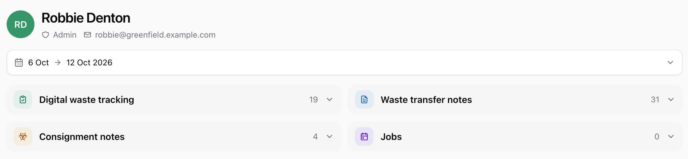 IntelliWaste Staff activity page for one team member with counts of digital waste tracking, waste transfer notes, consignment notes and jobs
