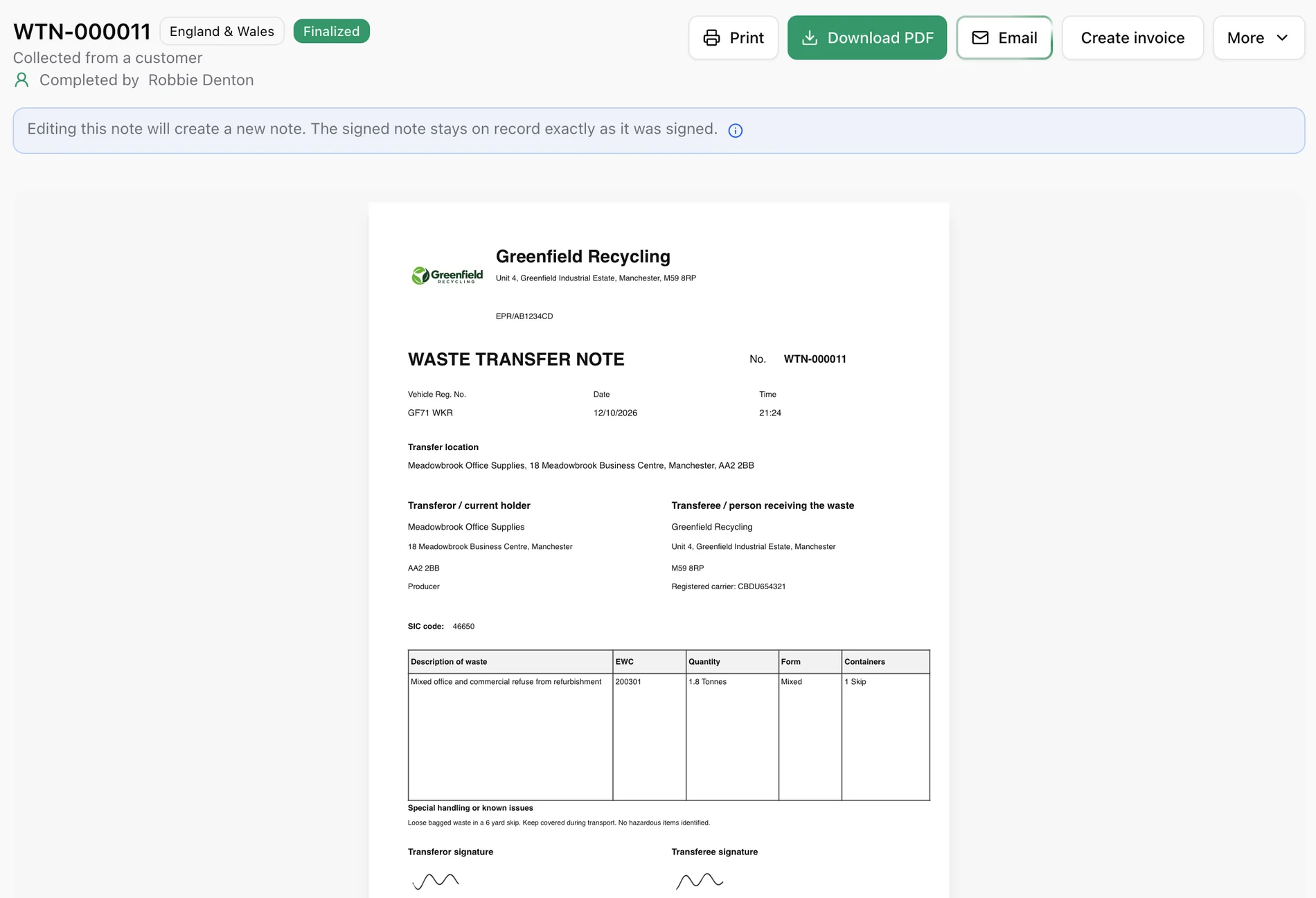 A finished, signed waste transfer note in IntelliWaste with Print, Download PDF and Email buttons above the document