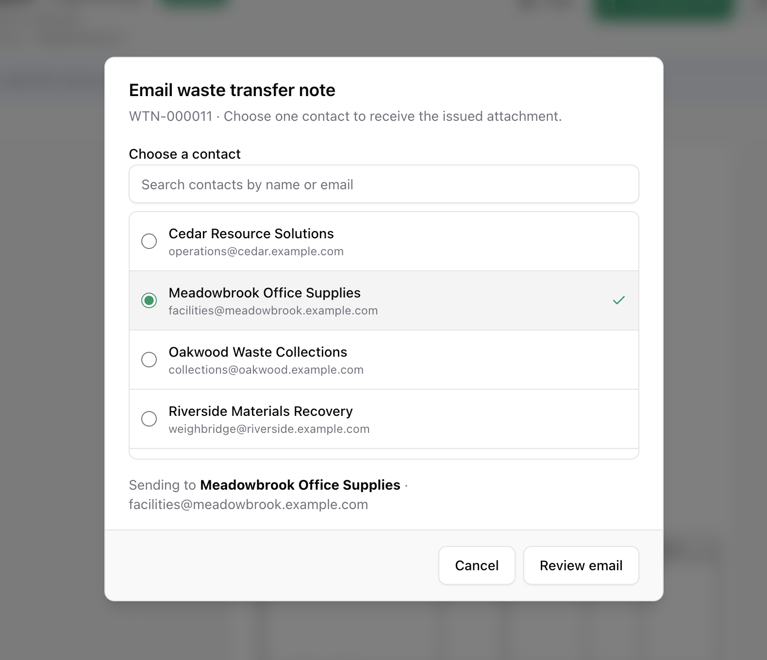 Email waste transfer note dialog in IntelliWaste where you choose a customer from your contacts