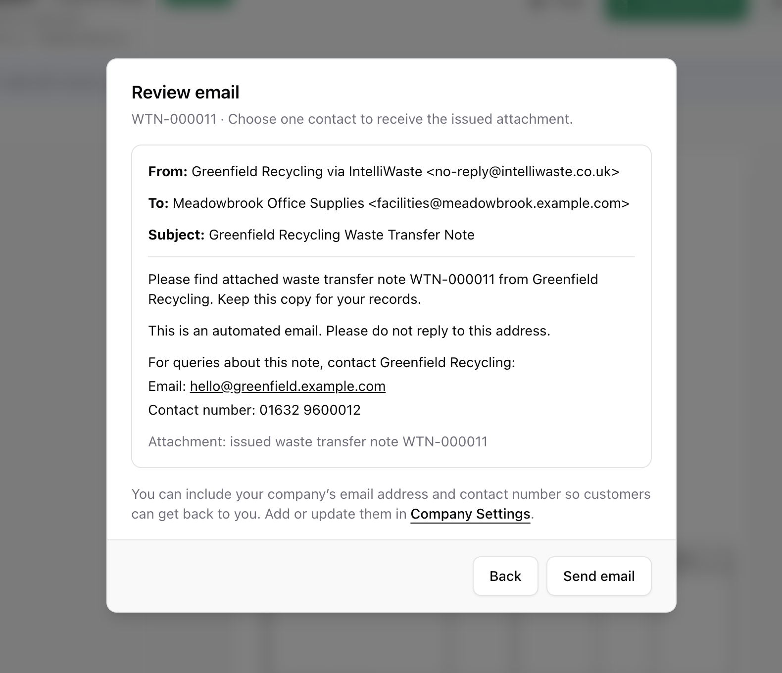 Review email step in IntelliWaste showing the sender, recipient, subject, message and the attached waste transfer note before you send