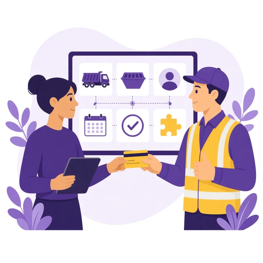 Illustration of a manager handing a job card to a driver in front of a job board