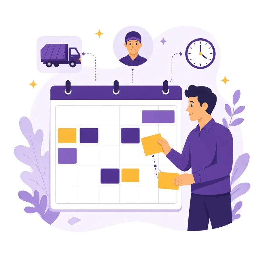 Illustration of a person arranging jobs on a calendar with a truck, driver and clock