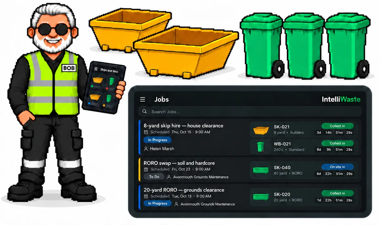 IntelliWaste Skips and Wheelie Bins Package: manage skip and bin jobs, scheduling, invoicing and collection reminders in one place.